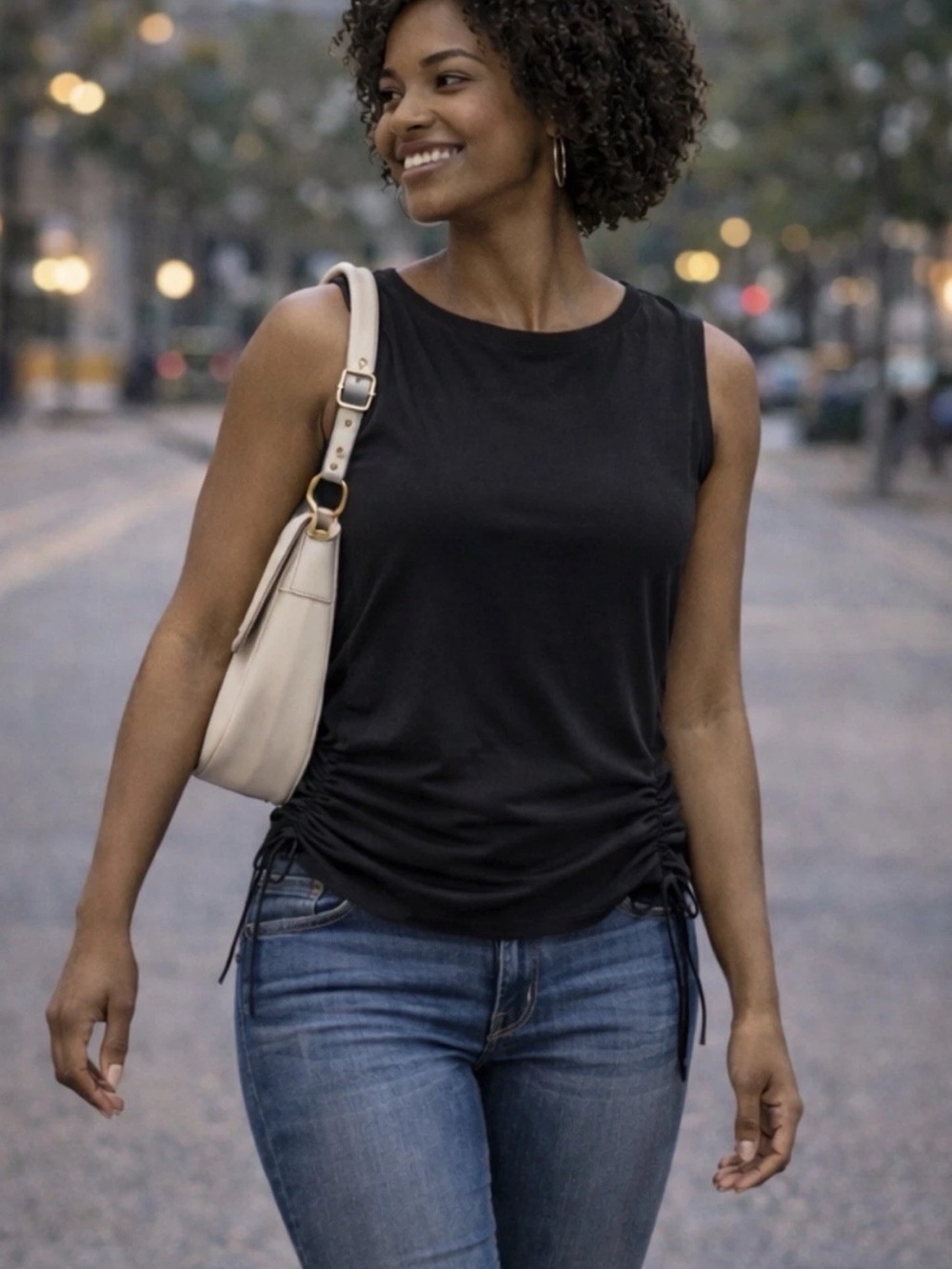 Papaya Black Sleeveless Side-Ruching Tank Top